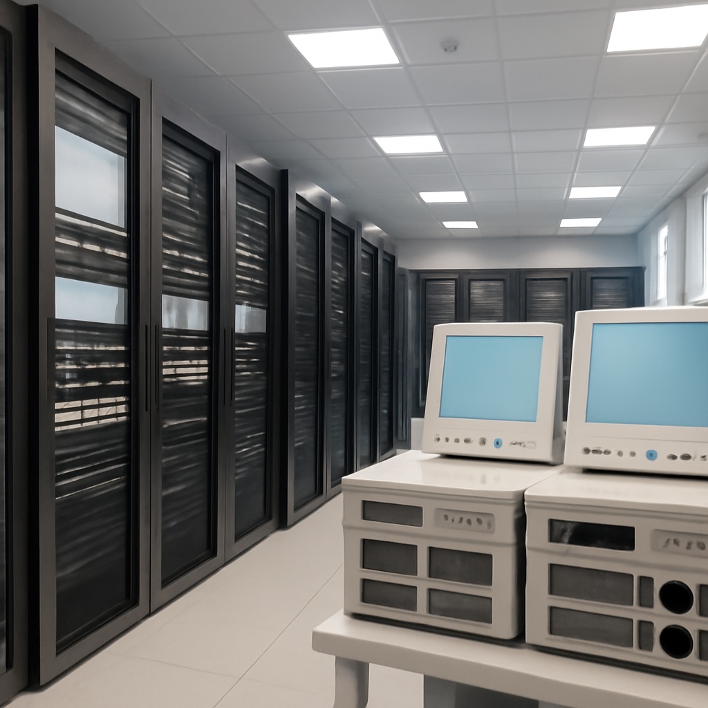 Rows of computer servers and networking equipment in a brightly-lit server room.