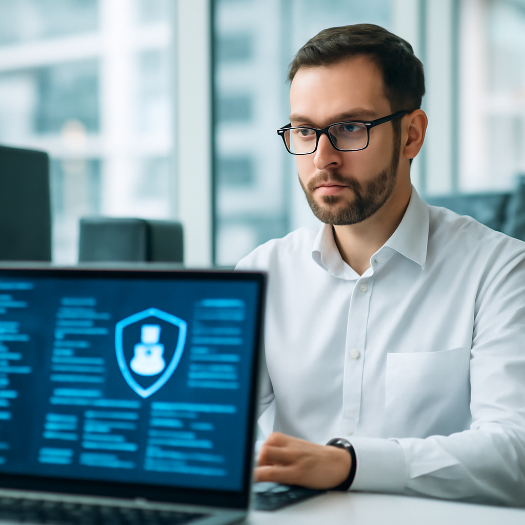 Software engineer working on laptop with code on screen in modern office with large window.