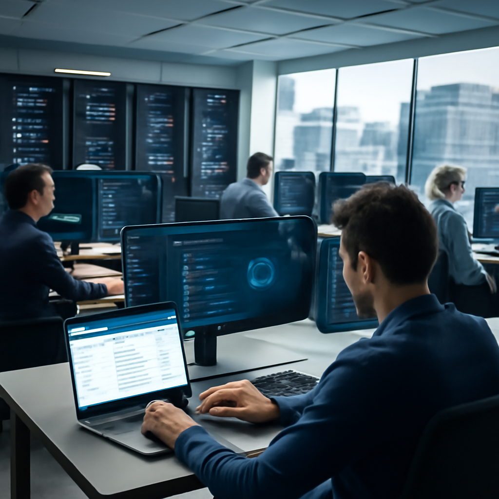 Employees work at computer desks in a brightly-lit tech facility with city view.