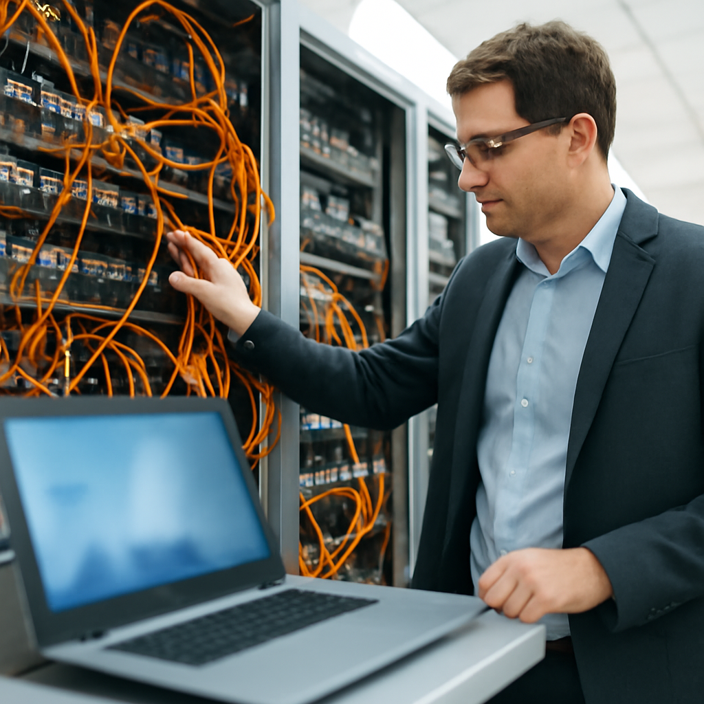 IT professional standing in data center with server rack and open laptop.