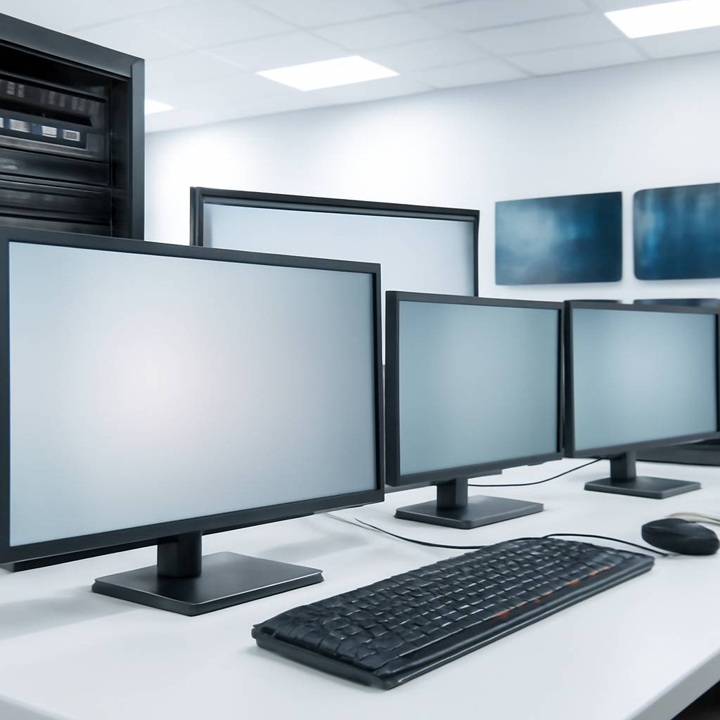 Generic server setup with multiple monitors and equipment racks in a brightly-lit tech environment.