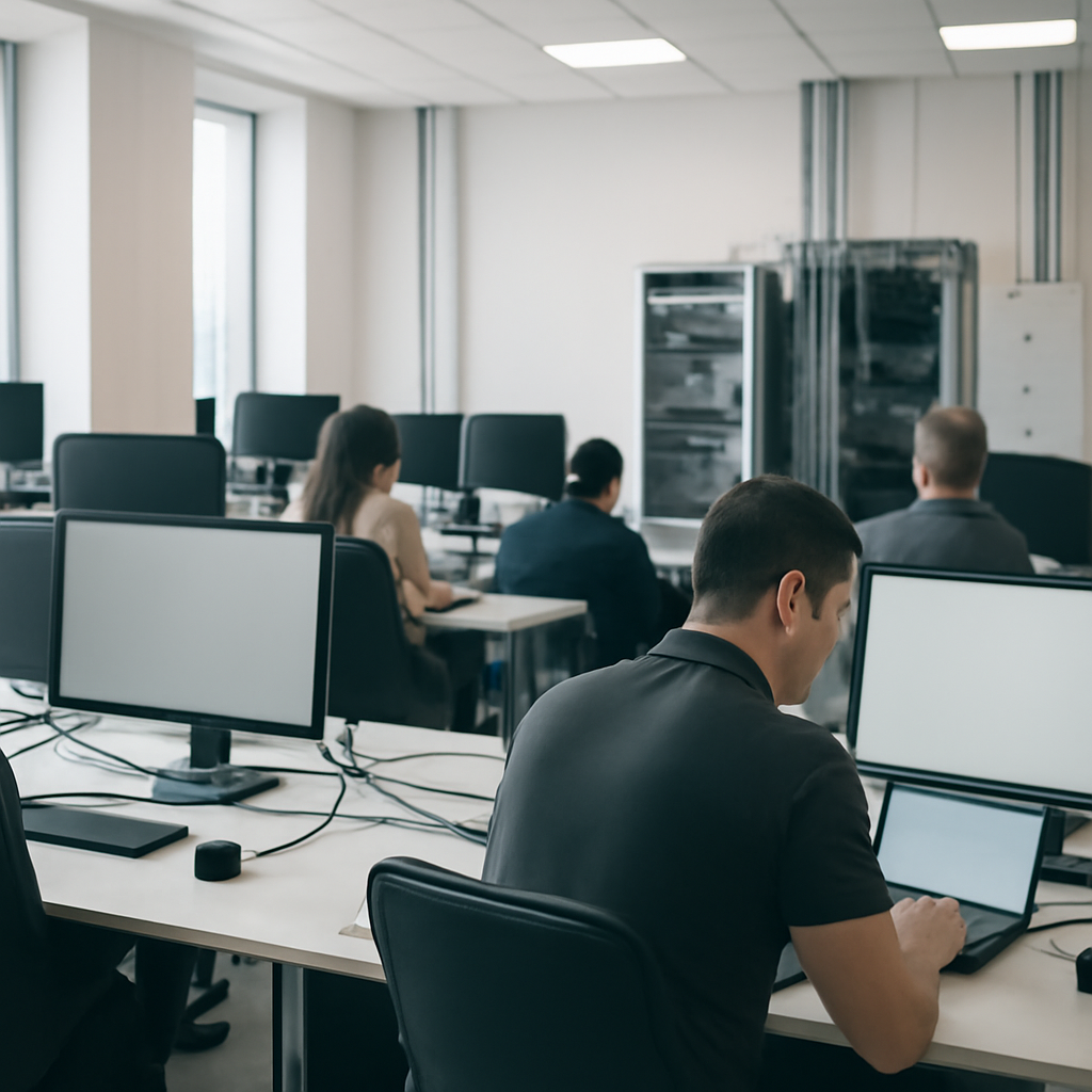 Well-organized tech workspace with personnel working at computer workstations.
