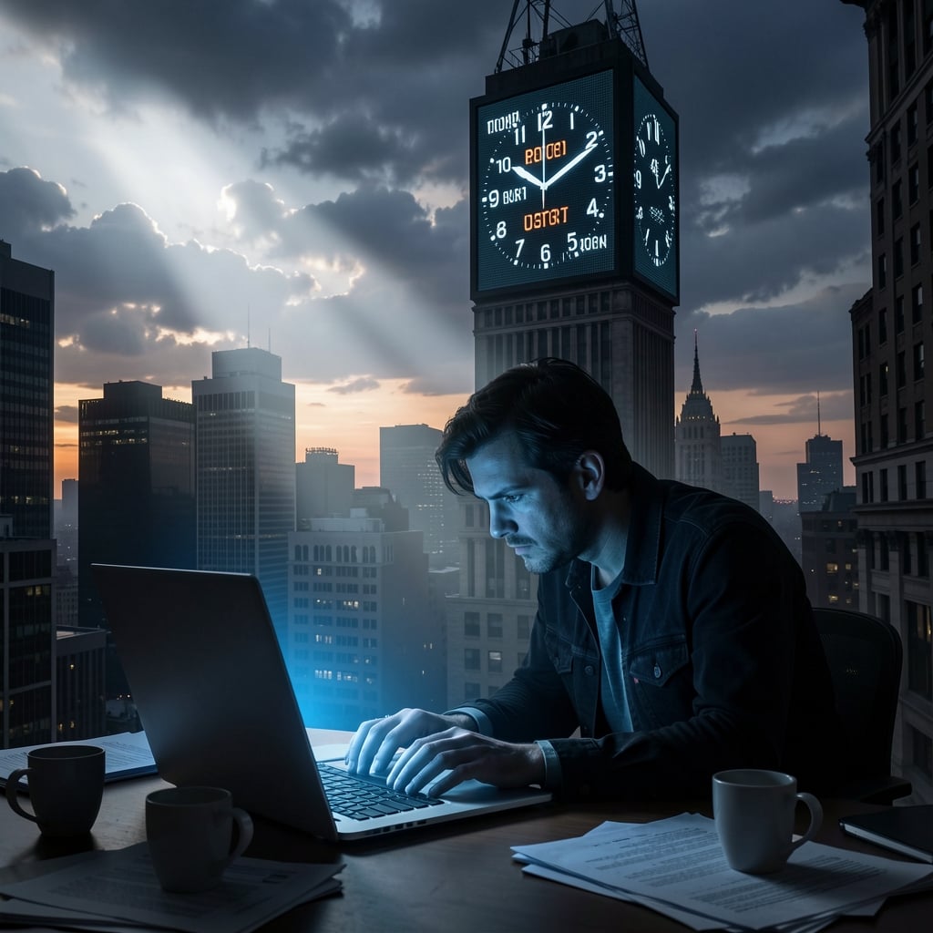 Cityscape at dusk with a lone figure hunched over a laptop, a looming digital clock tower resetting in the background.