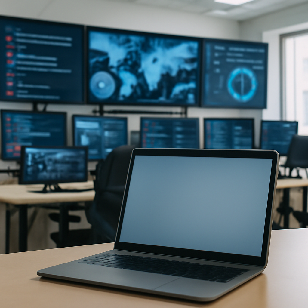 Technology company's workspace with multiple workstations and screens, laptop screen blurred in foreground.