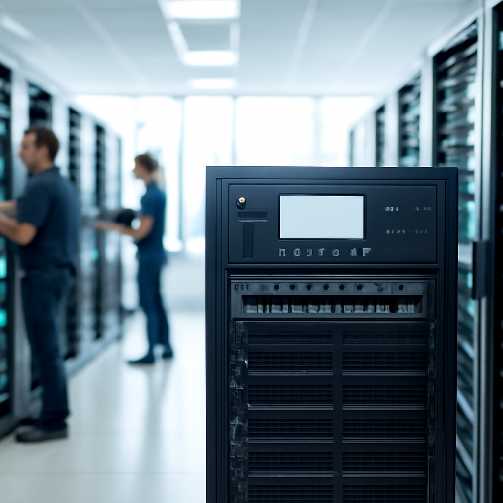 Secure server room with rows of computer servers and networking equipment.