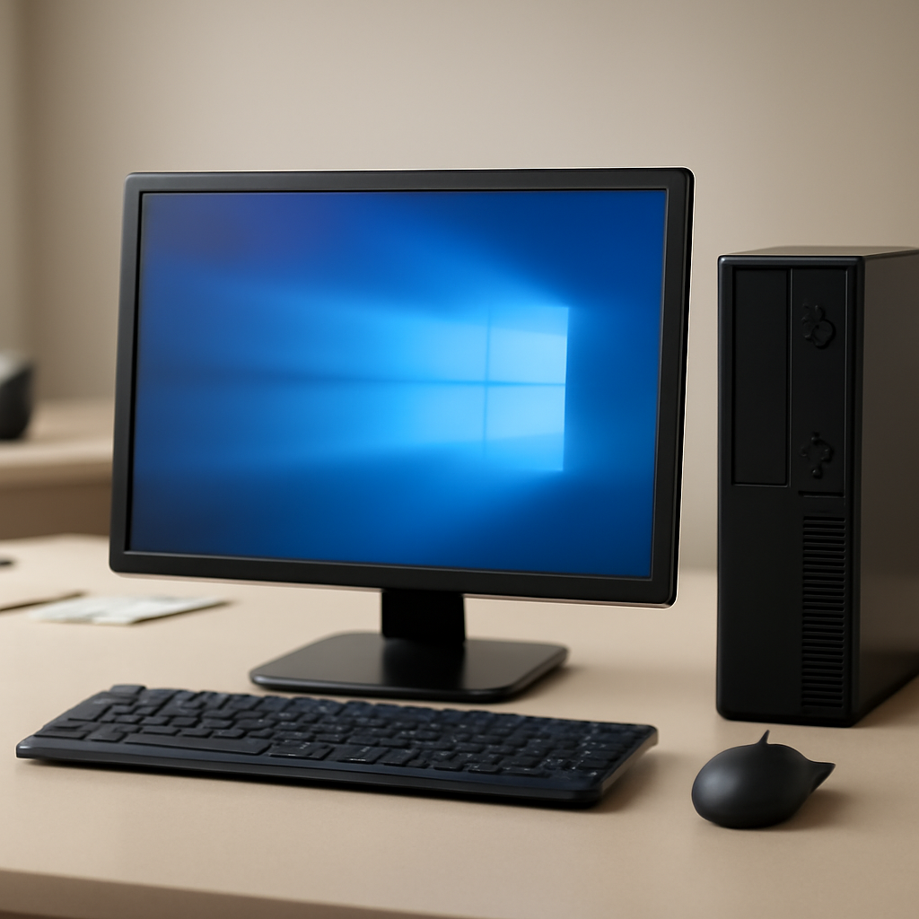 Generic Windows desktop computer on a beige work surface in a neutral office setting.