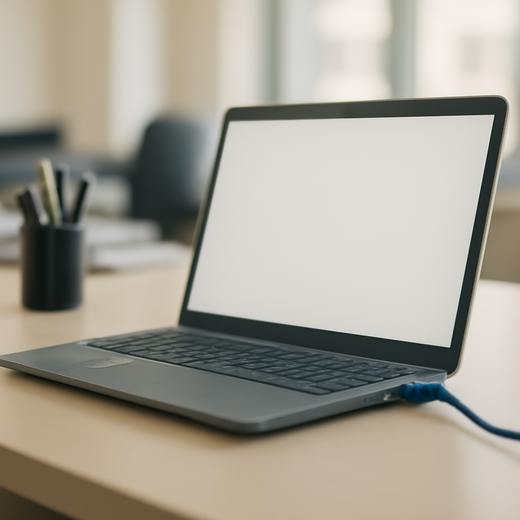 Windows computer workstation on a clean office desk with a blank laptop screen.