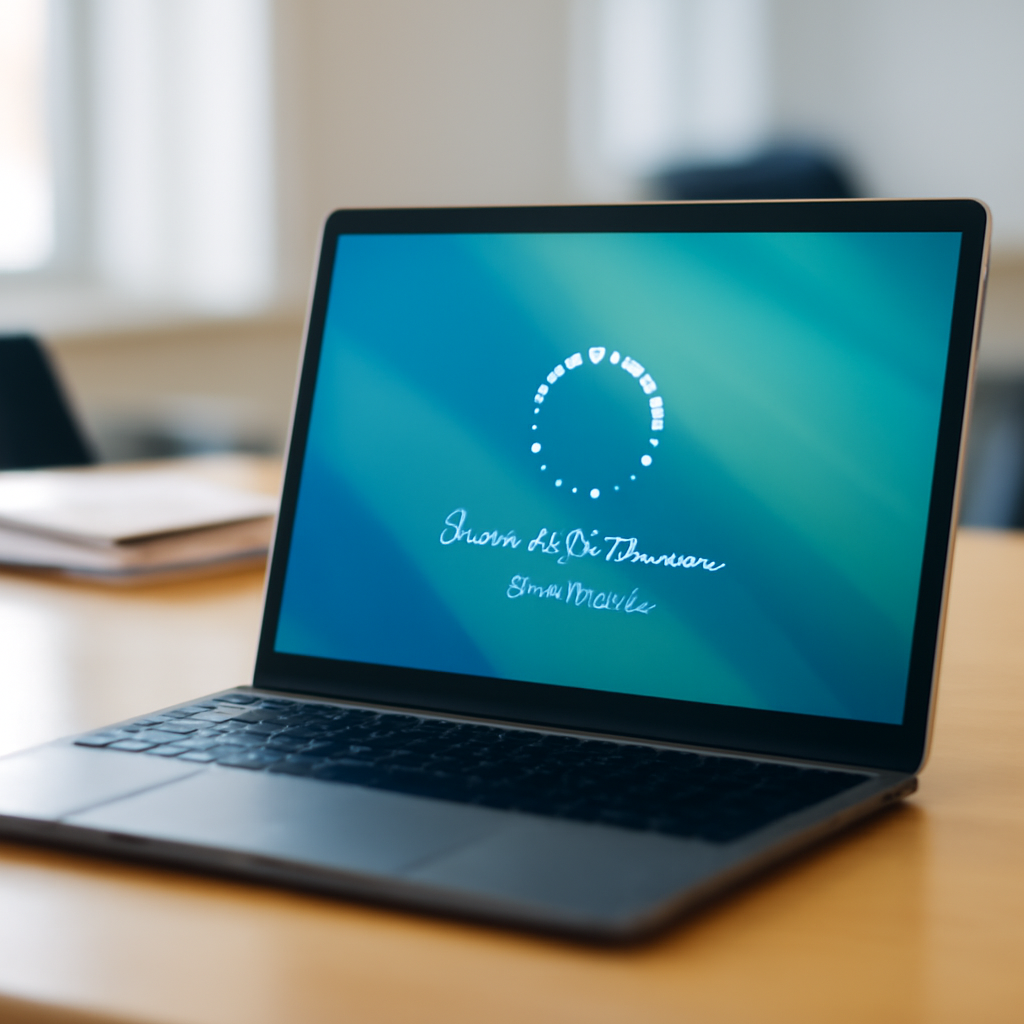 Laptop screen displays Windows update progress in a blurred office setting.