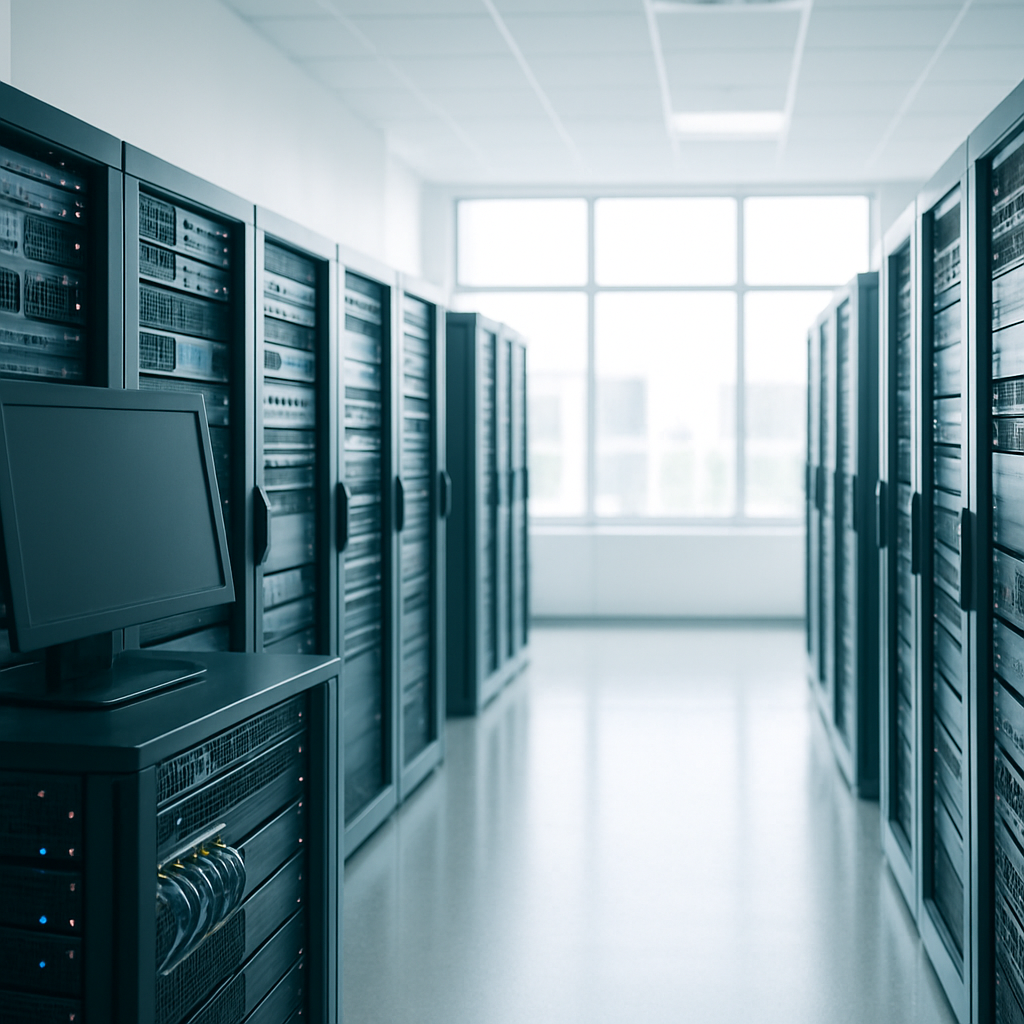 Rows of computer servers and equipment in a well-lit, modern server room with ambient daylight from large windows.