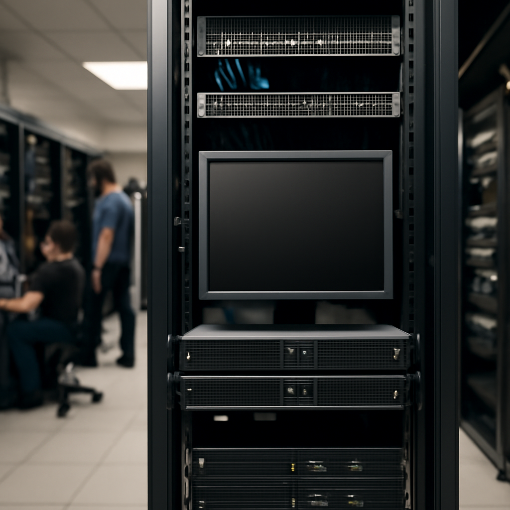 Server room with IT professionals working in background, focusing on a single blank server screen.