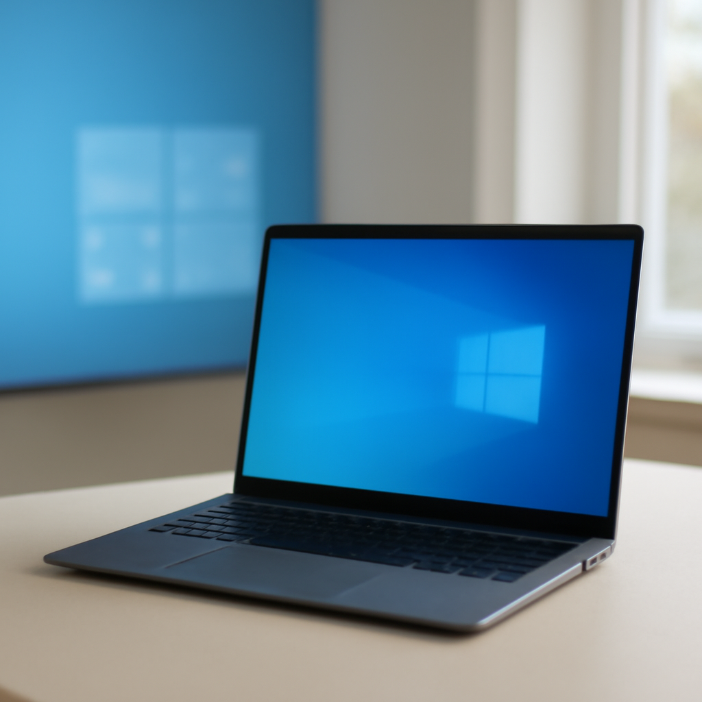 Windows computer on a plain surface with soft daylight and a blurred OS interface background.