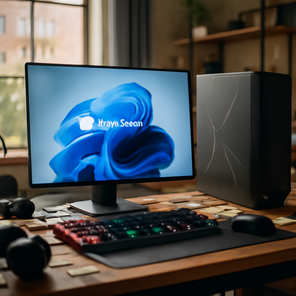 Cluttered home office desk with gaming PC, keyboard, mouse, and peripherals.