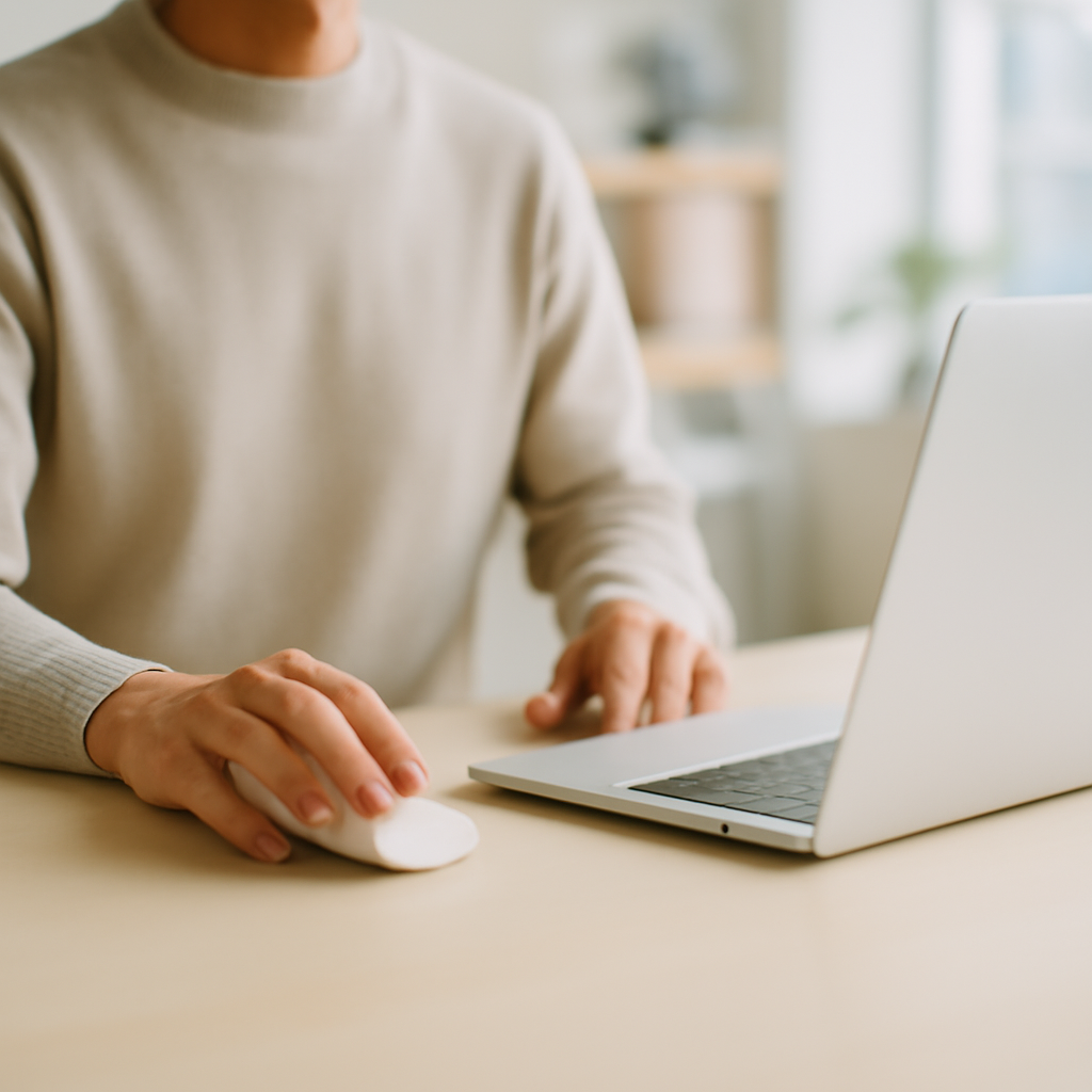 Person sitting at desk with laptop and mouse, hand poised to click.