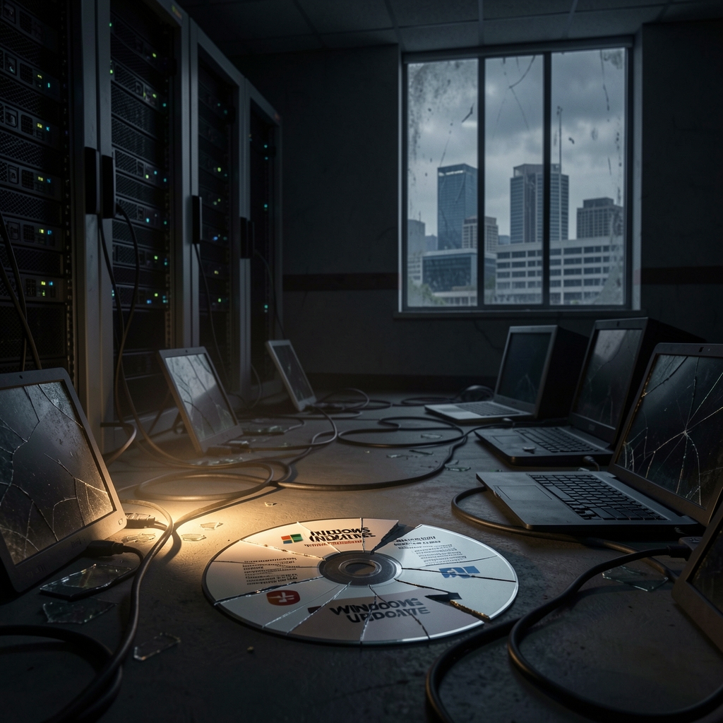A broken Windows update installation CD lies on the floor amidst tangled cables and shattered screens, with a flickering…