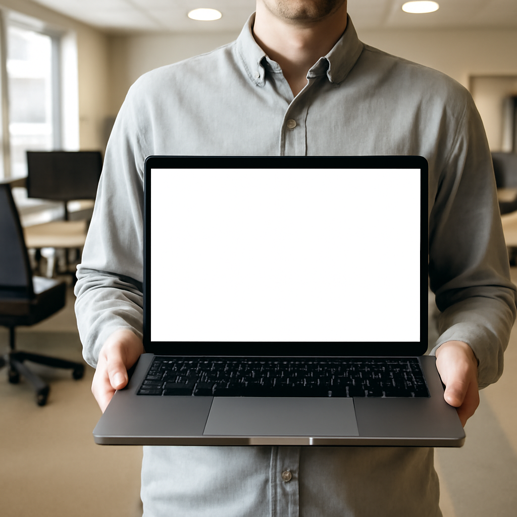 Person holding laptop in office setting with blank screen and coworkers in background.