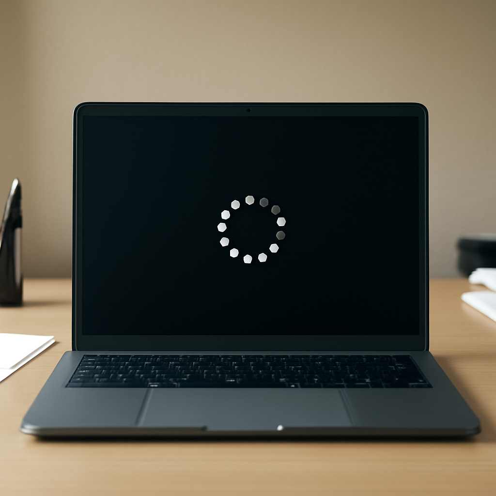 Windows desktop with laptop screen stuck on loading animation in office setting.
