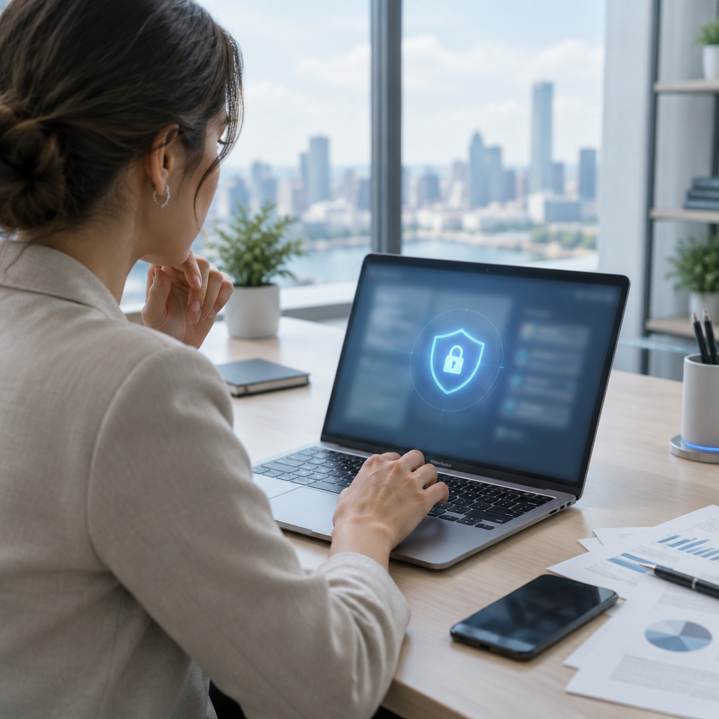Person working at desk with laptop and smartphone in modern office setting.