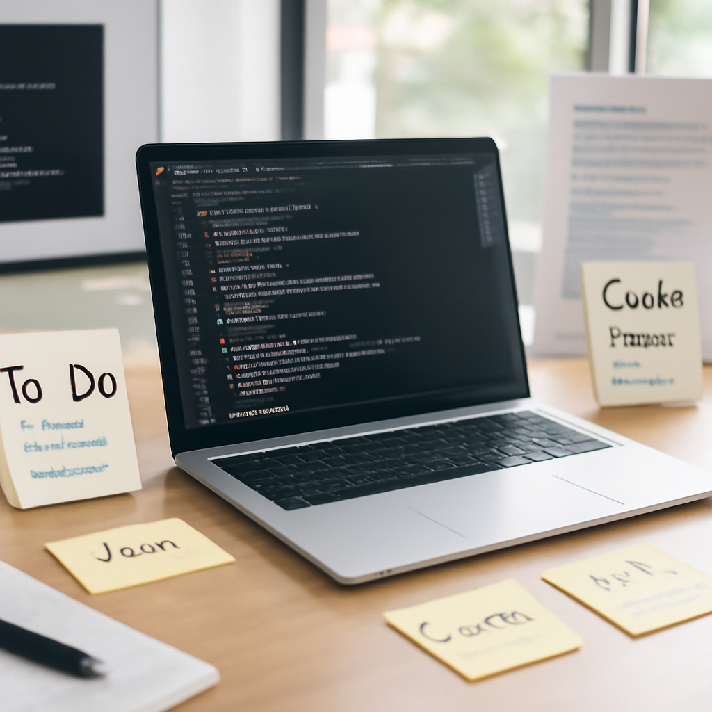 Modern coding environment with laptop, notes, and materials by a bright window.