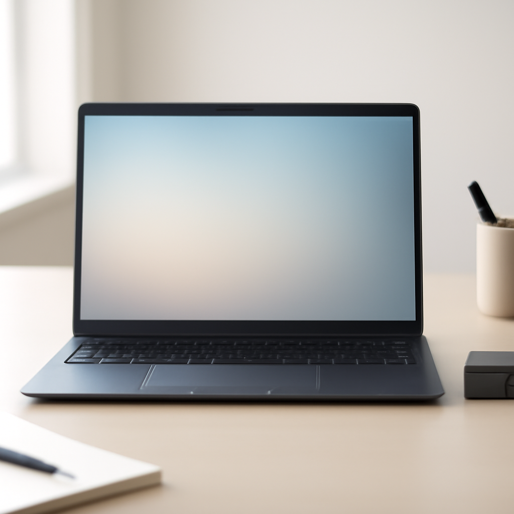 Laptop on a desk in a minimalist room with office supplies nearby.