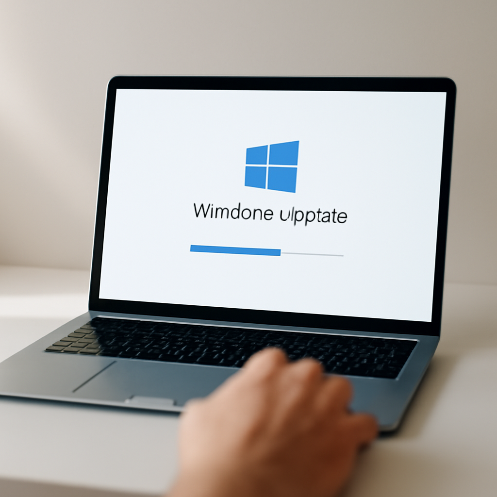 Laptop screen displays Windows Update progress bar on neutral background.