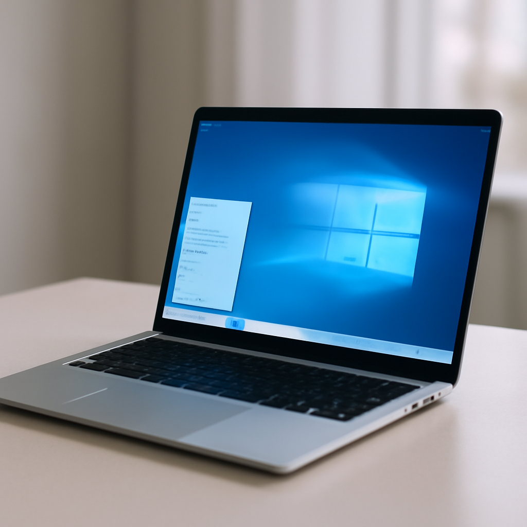 Windows 11 laptop on a neutral surface with subtle screen activity.
