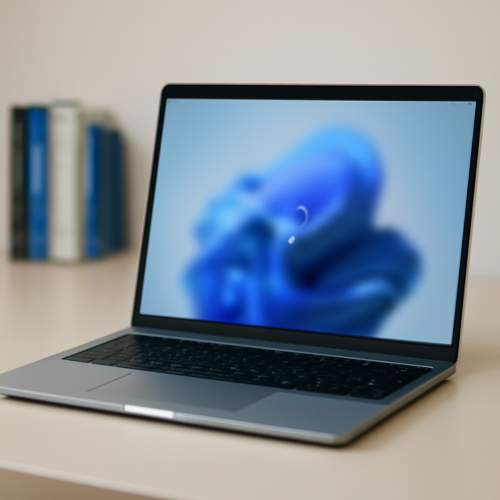 Windows 11 laptop on a desk with update screen and technical books in background.