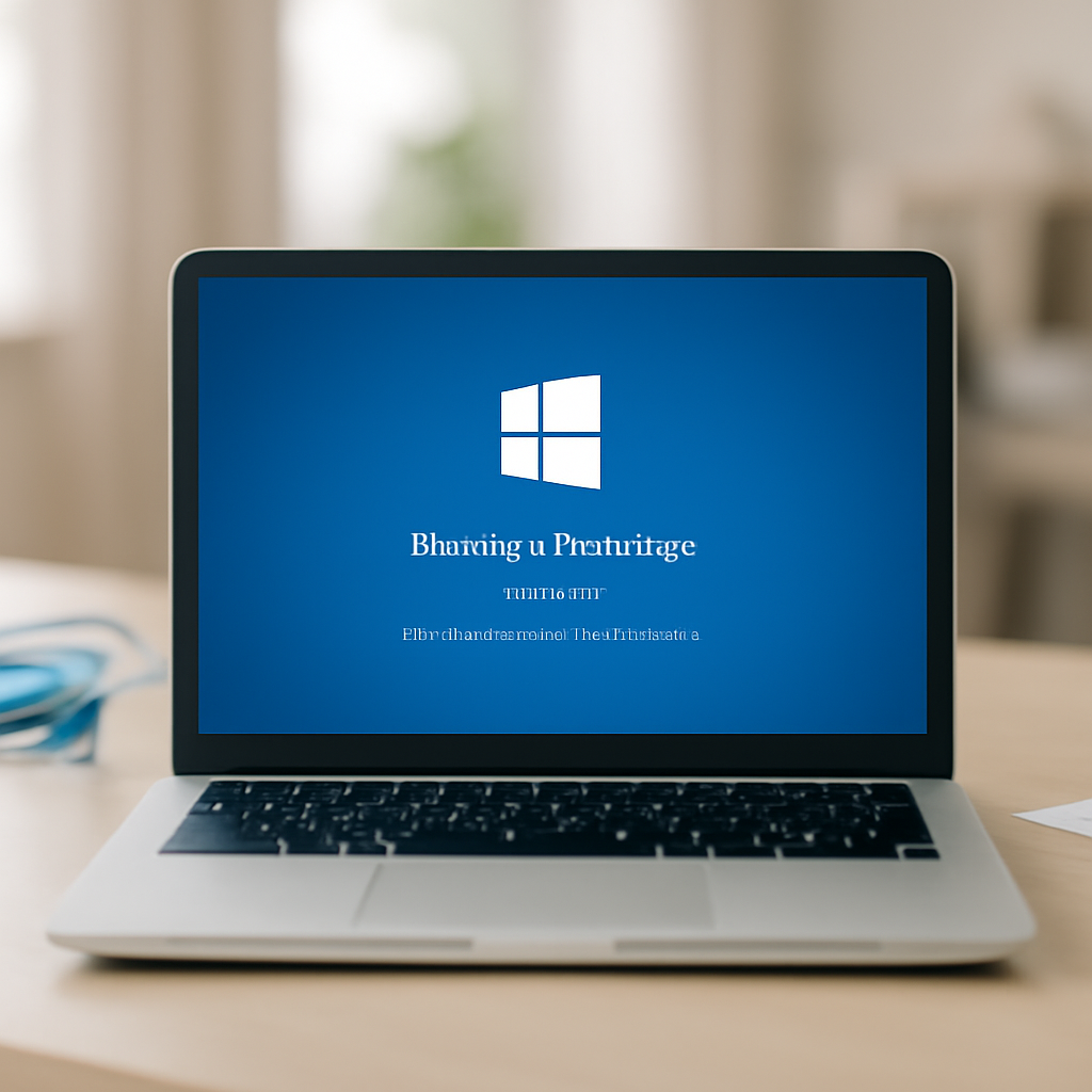 Windows 10 laptop on a desk showing a Windows update screen with progress bar.