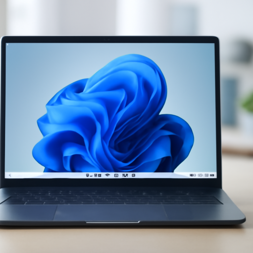 Windows 11 laptop screen on a desk with blurred office background.