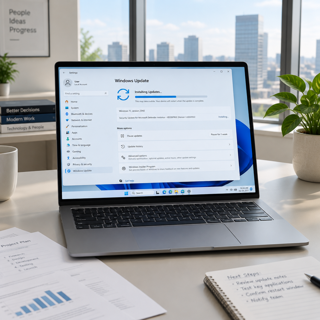 Windows 11 laptop on a desk with update progress on screen in a modern office setting.