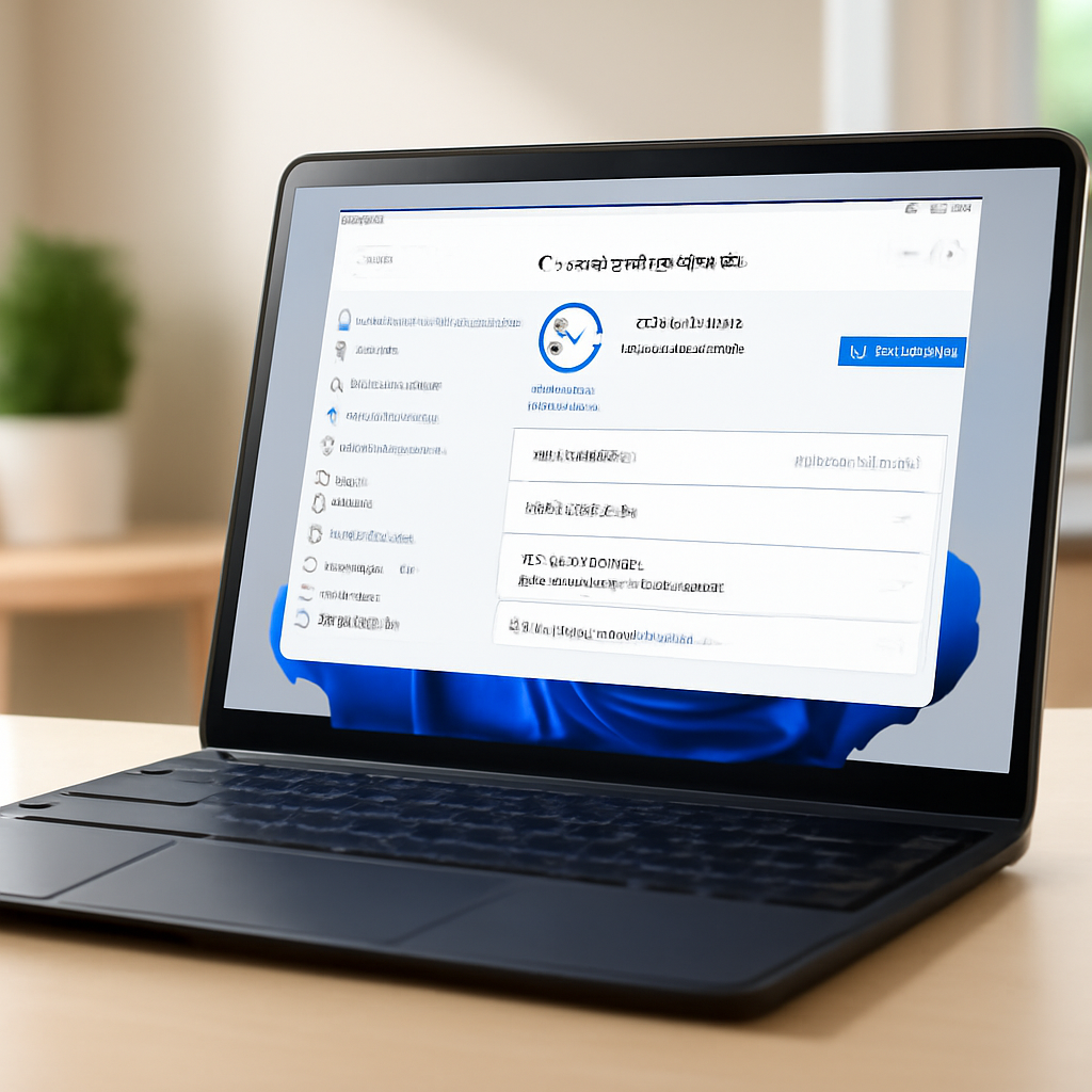 Windows 11 laptop on a clean surface with update settings on screen.