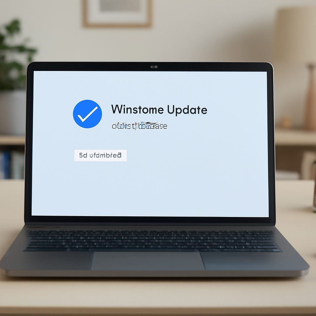 Windows 11 laptop on a desk with a Windows Update page on the screen.