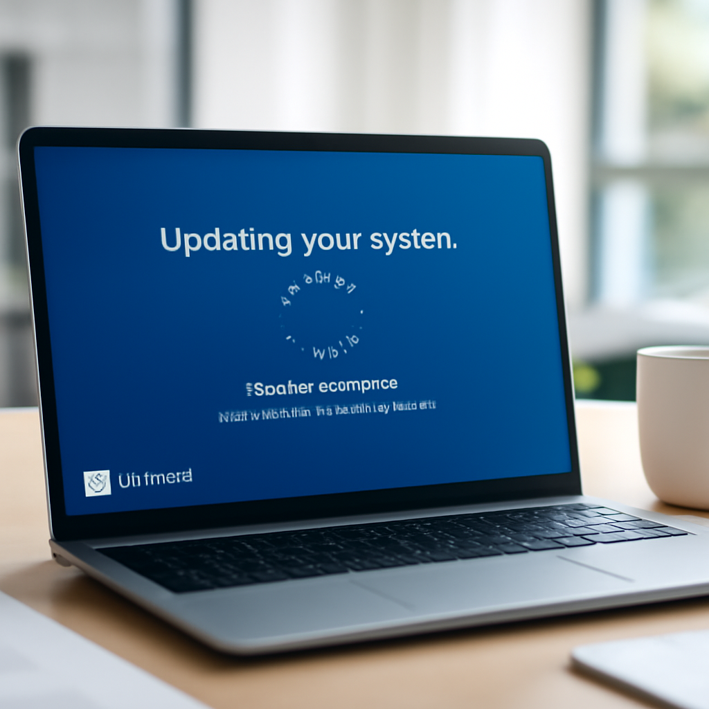Windows 11 laptop screen showing update screen on office desk with coffee cup and papers.
