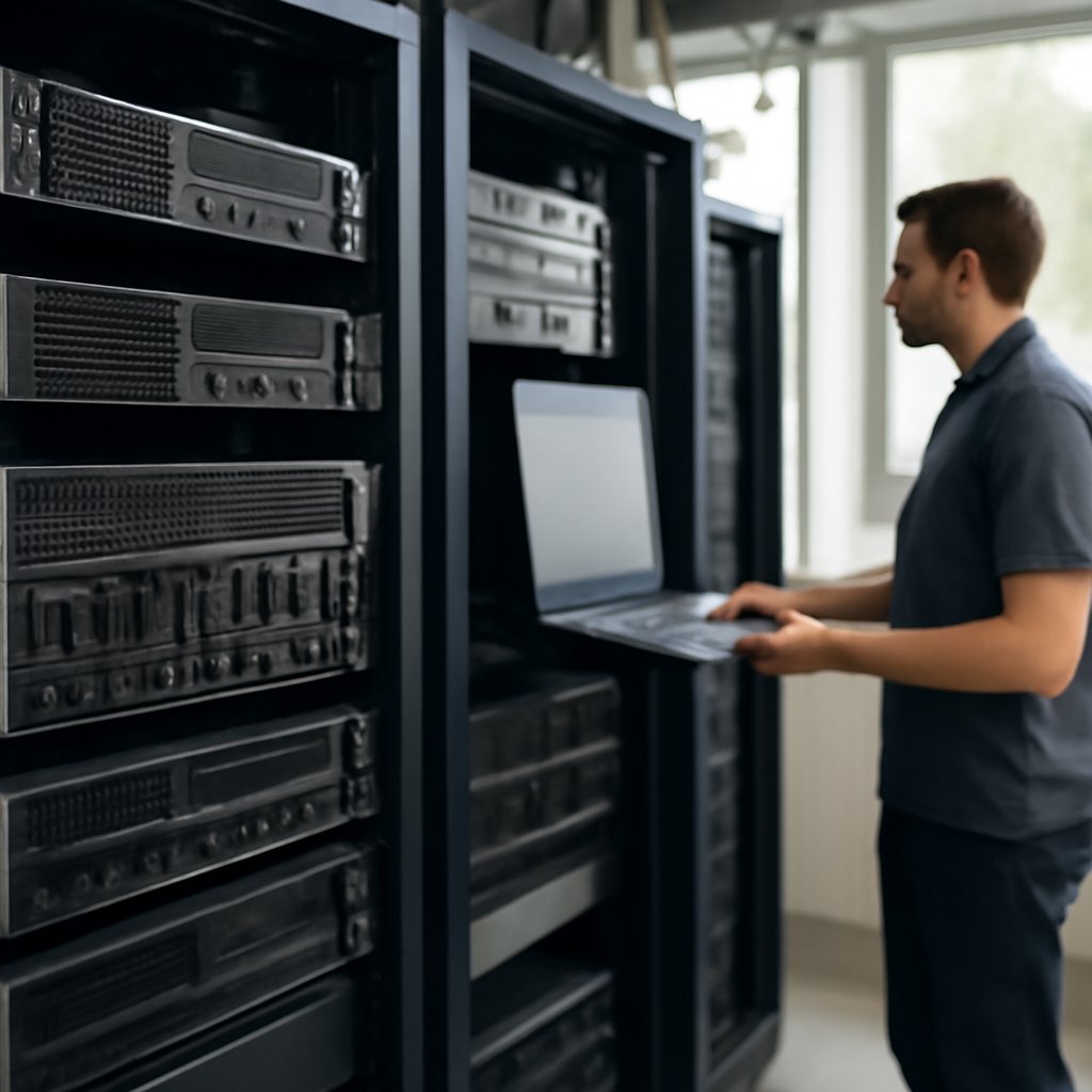 Technician in server room checking a blurred screen with daylight through large windows.