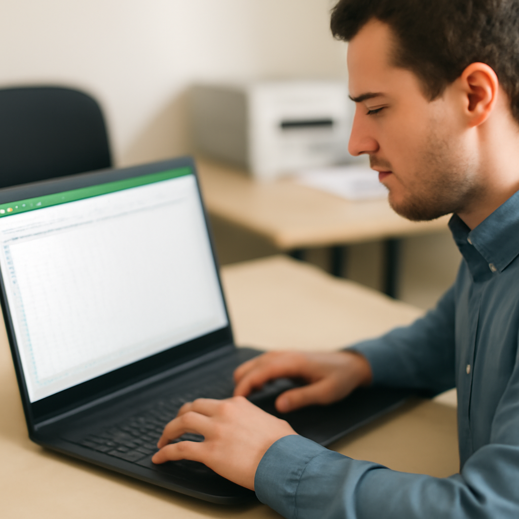 Person working on laptop with Excel open in a neutral office setting.