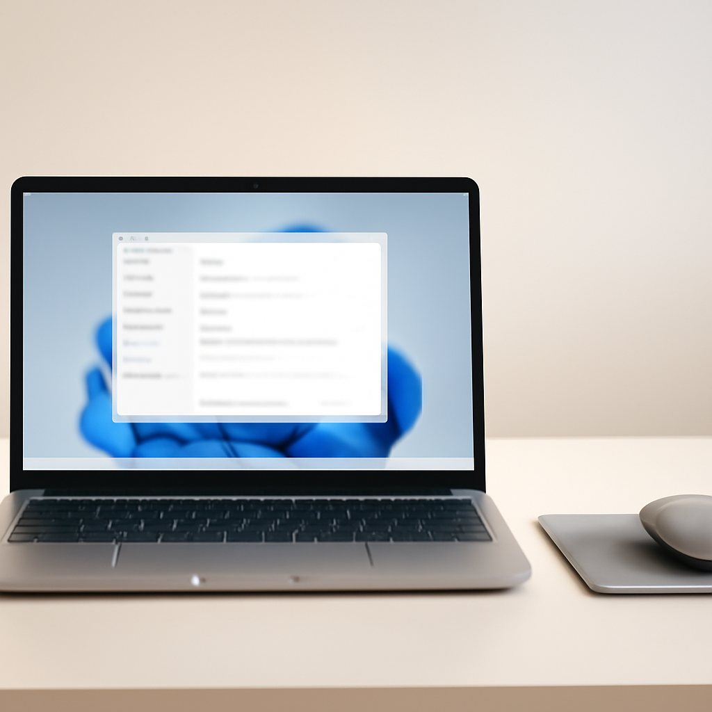 Windows 11 laptop on a minimalist desk with mouse and mousepad nearby.