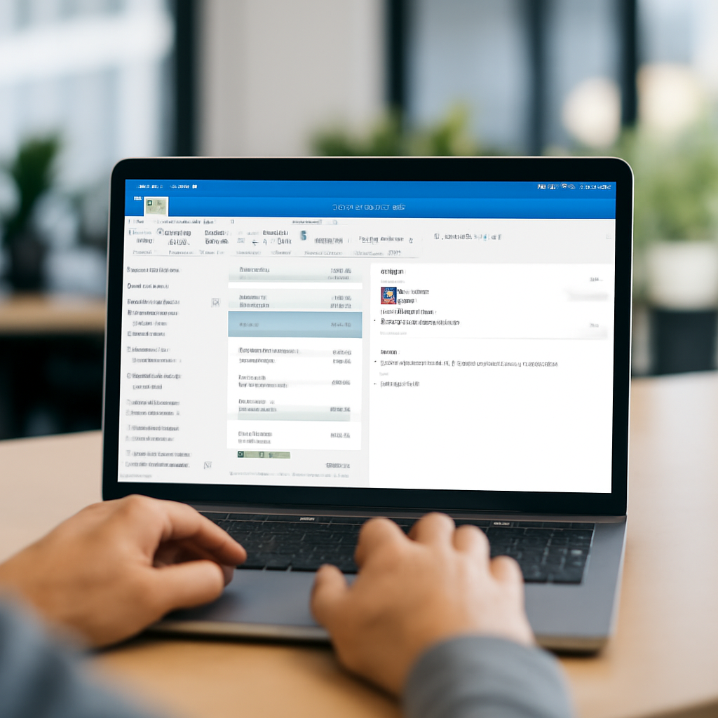 Person working at desk with laptop showing Outlook desktop client on screen.