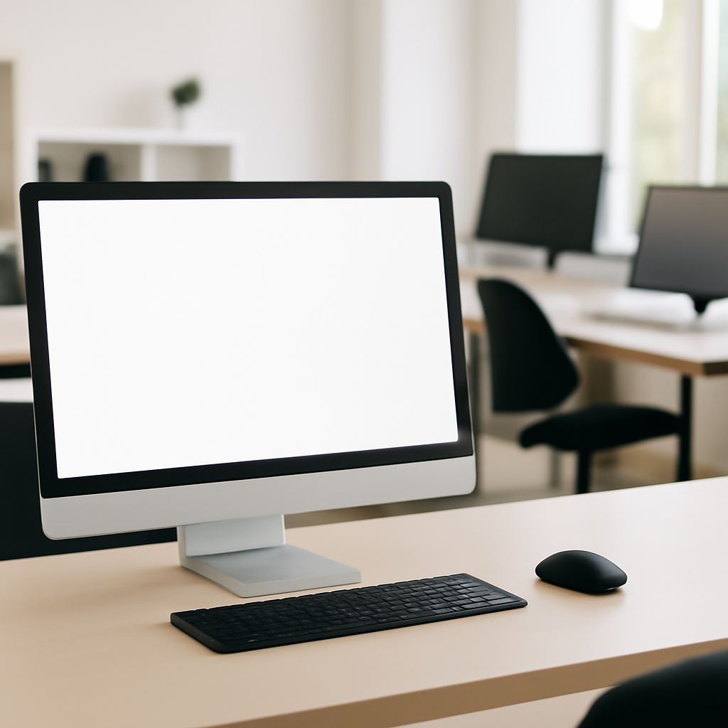Modern office workspace with a blank computer screen on a neutral desk.