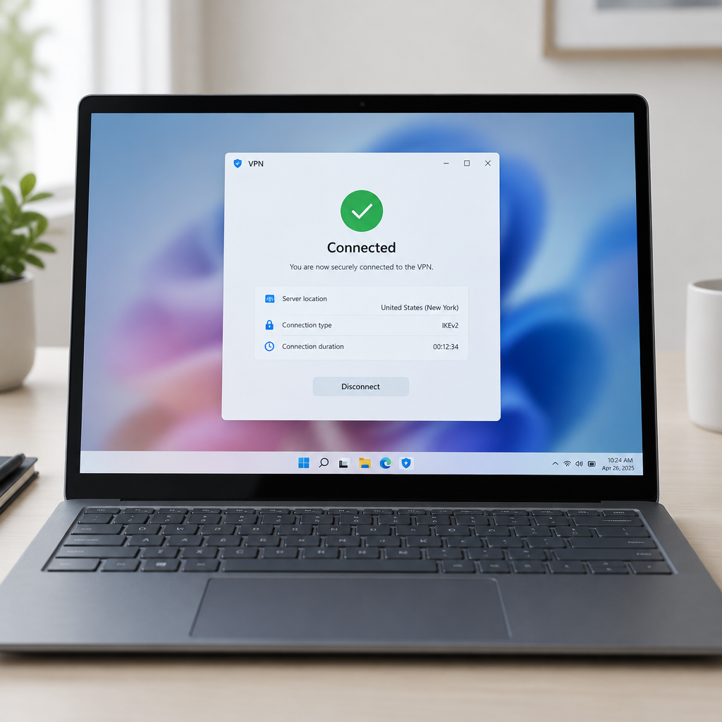Windows 11 laptop screen showing a successful VPN connection status.