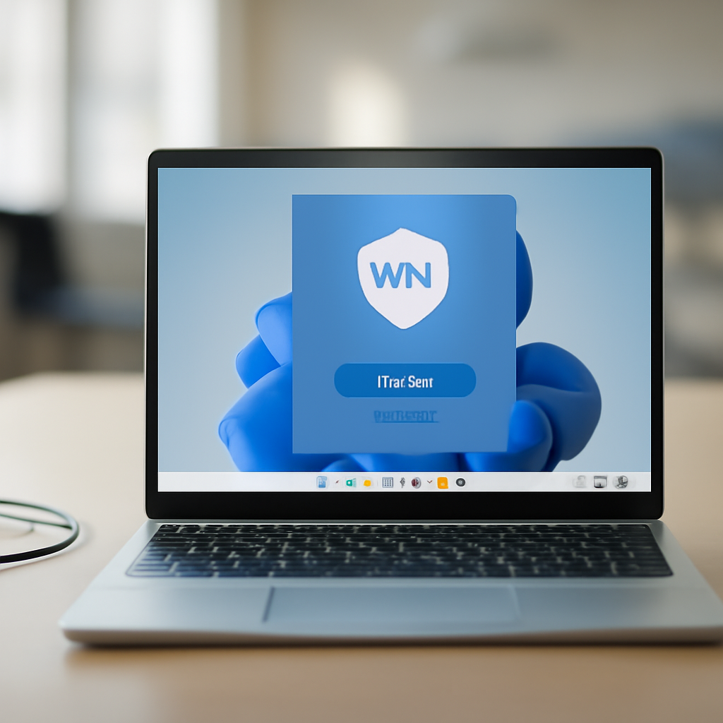 Windows 11 laptop on a desk with VPN connection interface on screen.