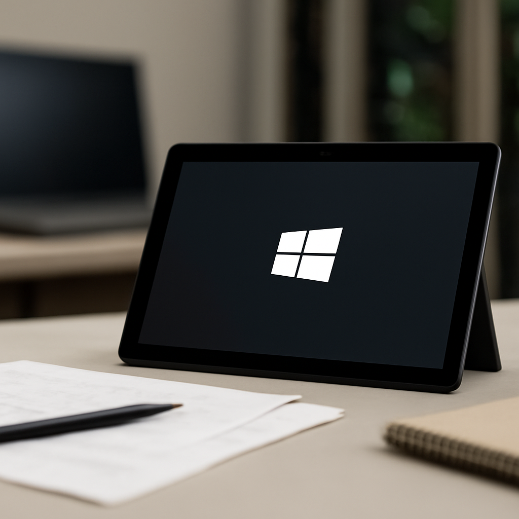Windows device on office desk with papers, pen, and notebook nearby.