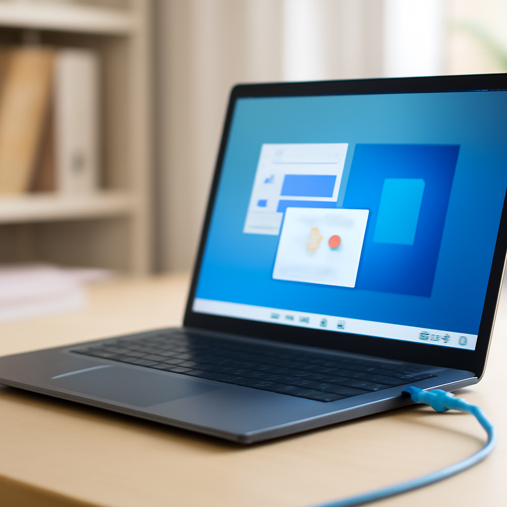 Windows computer on a workspace with network cable and software on screen.
