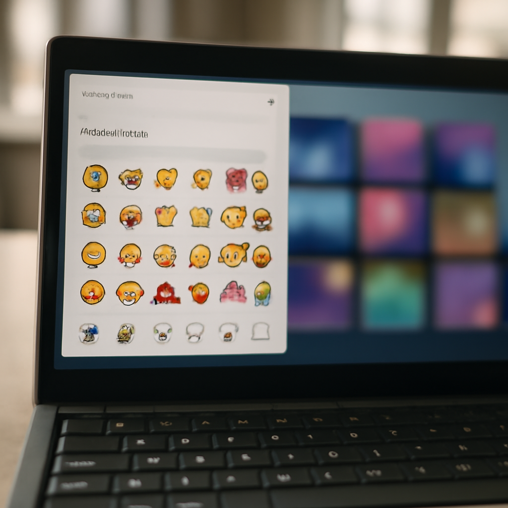 Windows keyboard with emoji panel open, showing emojis and blurred GIF search results.