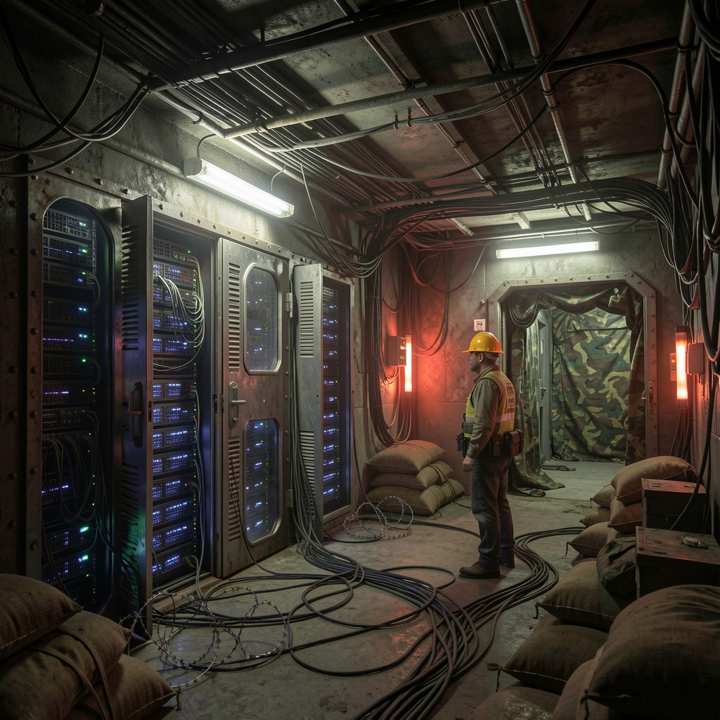 Fortified underground datacenter with server racks, surrounded by sandbags and barbed wire, under flickering emergency…