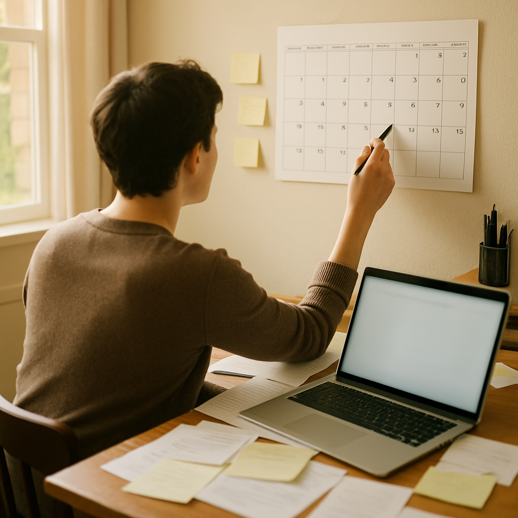 Person planning on a calendar with a laptop and papers nearby.