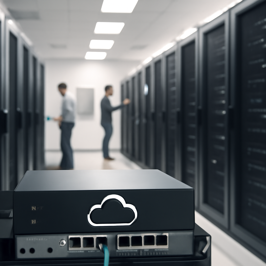 Rows of server racks in a brightly-lit data center with technicians in the background and a single out-of-focus server rack…