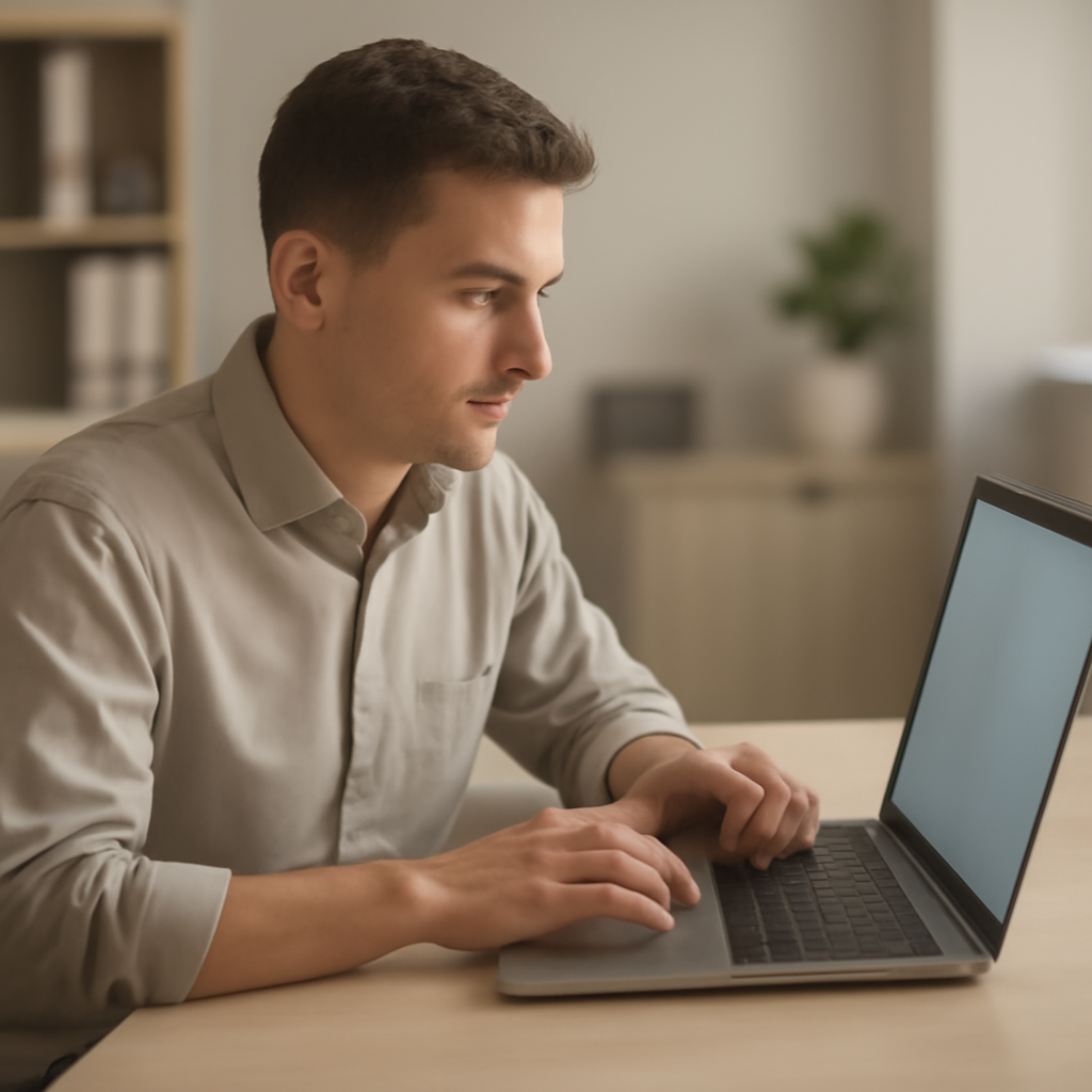 Person working at desk with laptop in a neutral office environment.