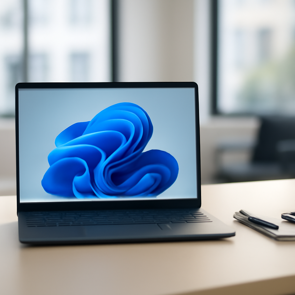 Windows 11 laptop on a desk in a modern office with a blurred background and a generic desktop on the screen.