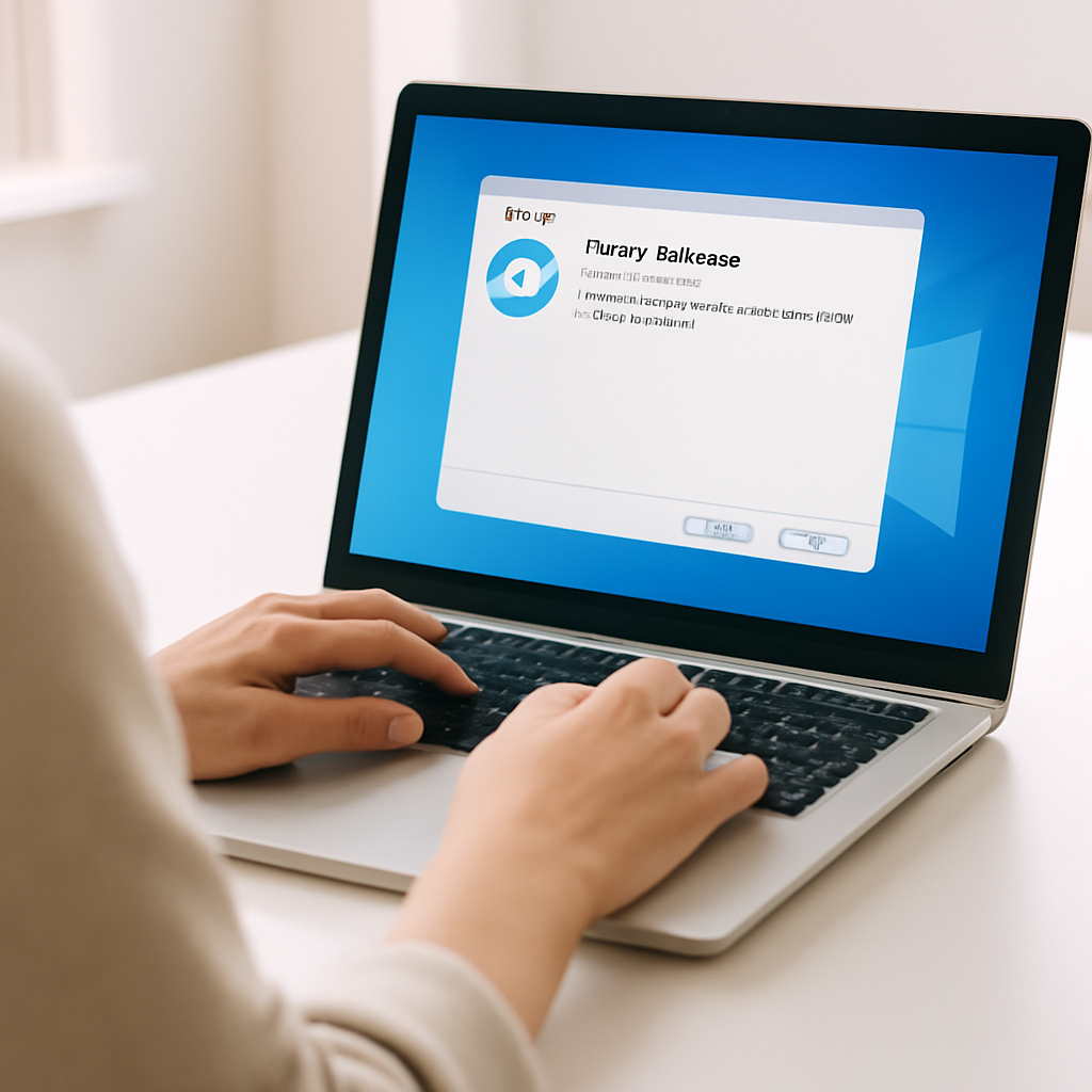 Person sitting at laptop with system restore interface on screen, hands paused on keyboard.