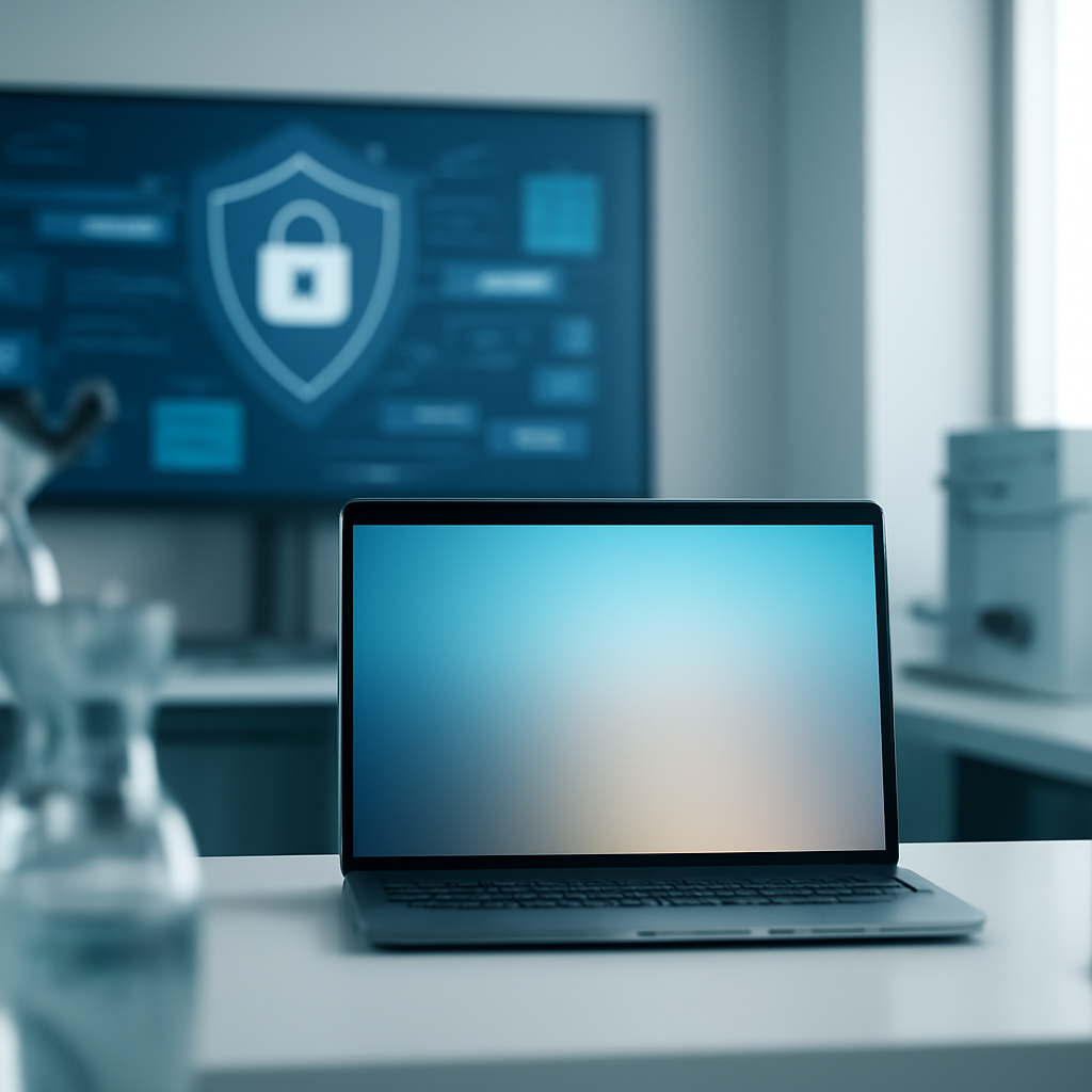 Modern office lab setting with a laptop workstation and muted equipment in soft focus under natural light.