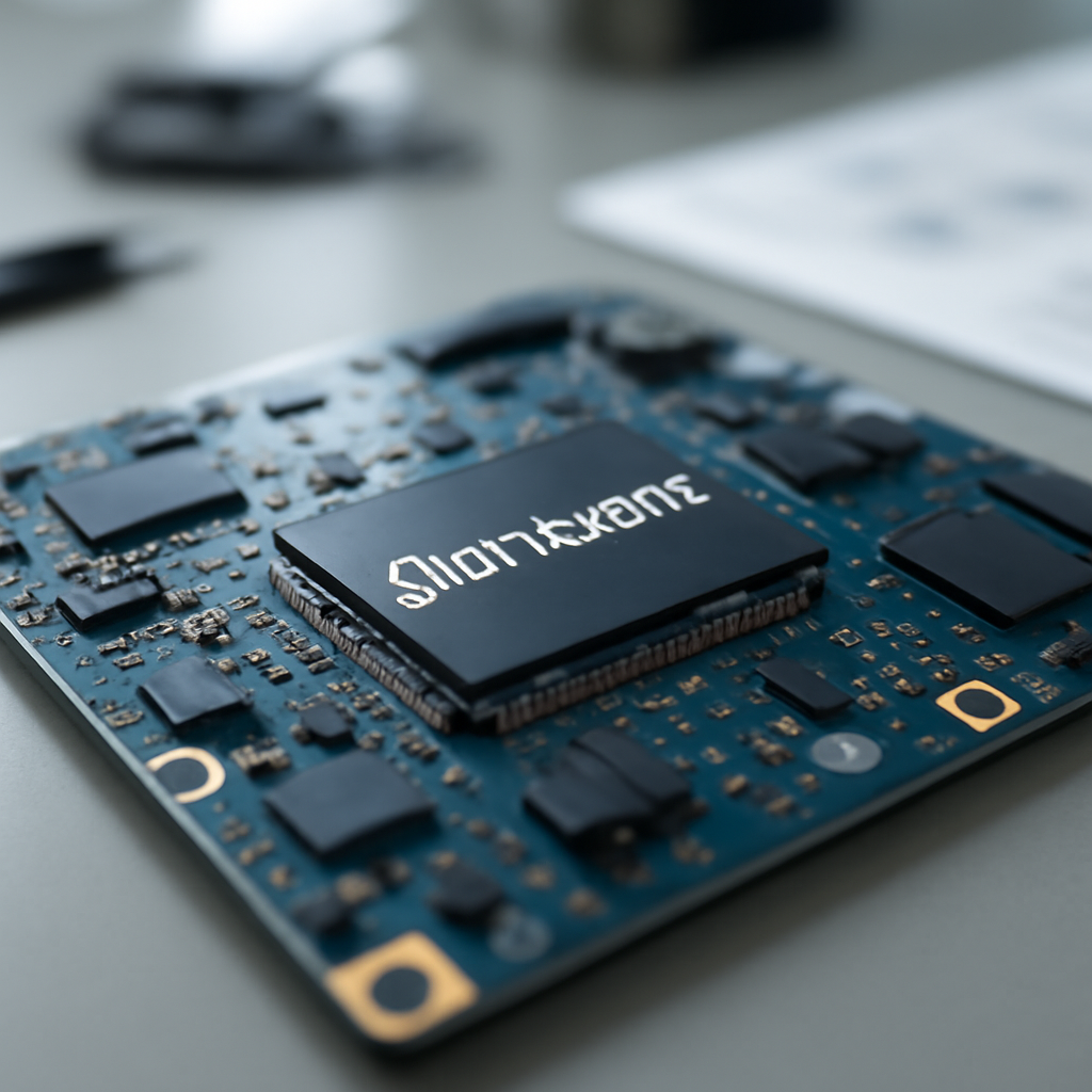 Close-up of laptop motherboard with firmware chip in focus on laboratory bench.